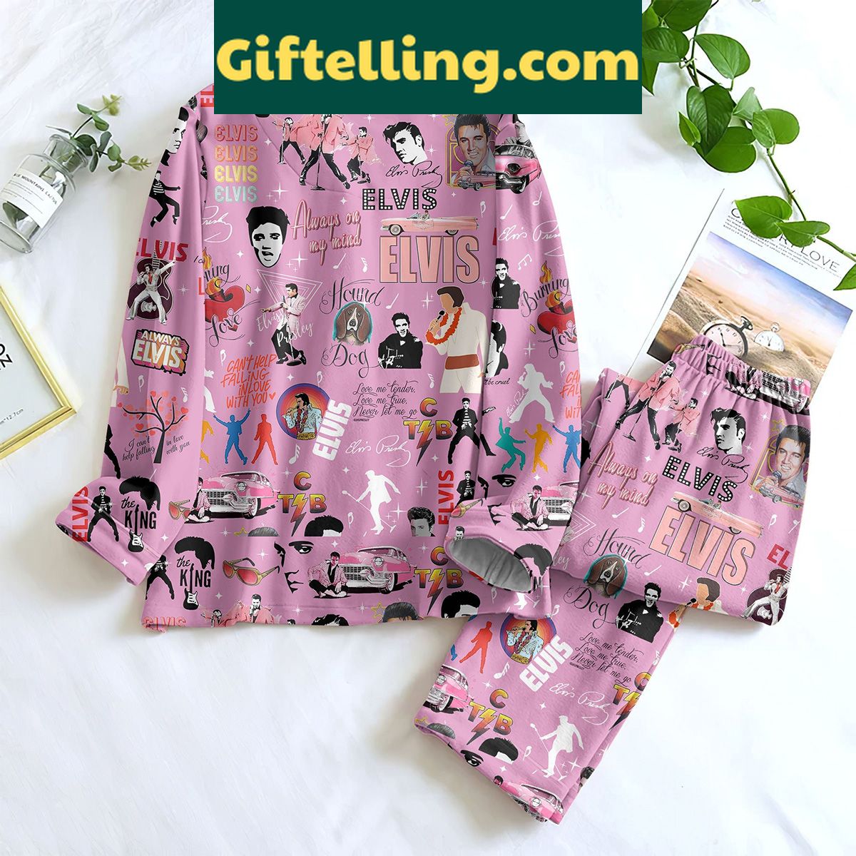 elvis-presley-king-of-rock-n-roll-silk-pajamas-set-pink-edition-3 Elvis Presley King Of Rock product image showing design and team colors