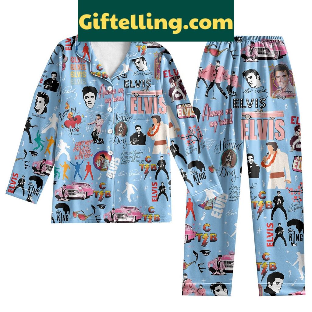 Elvis Presley King of Rock and Roll Blue Design Silk Pajamas Set