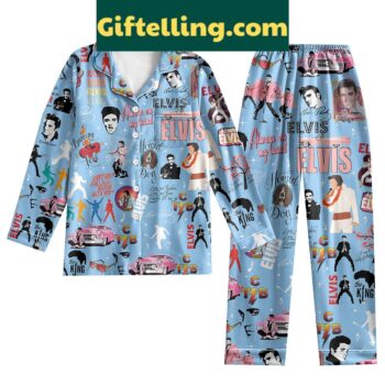 Elvis Presley King of Rock and Roll Blue Design Silk Pajamas Set