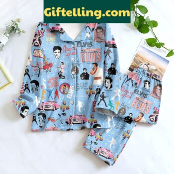 Elvis Presley King of Rock and Roll Blue Design Silk Pajamas Set
