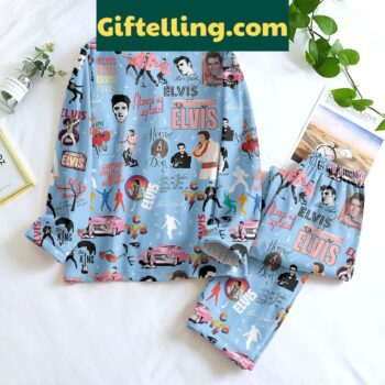 Elvis Presley King of Rock and Roll Blue Design Silk Pajamas Set