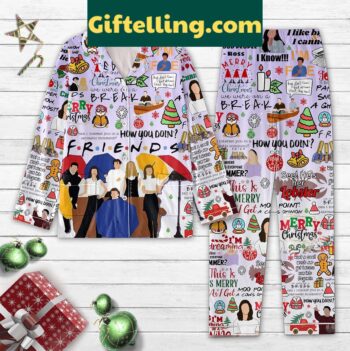 Friends Merry Christmas silk pajamas set featuring Ross, Rachel, Joey, Phoebe, and Chandler
