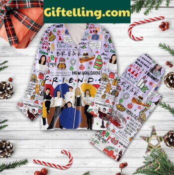 Friends Merry Christmas silk pajamas set featuring Ross, Rachel, Joey, Phoebe, and Chandler