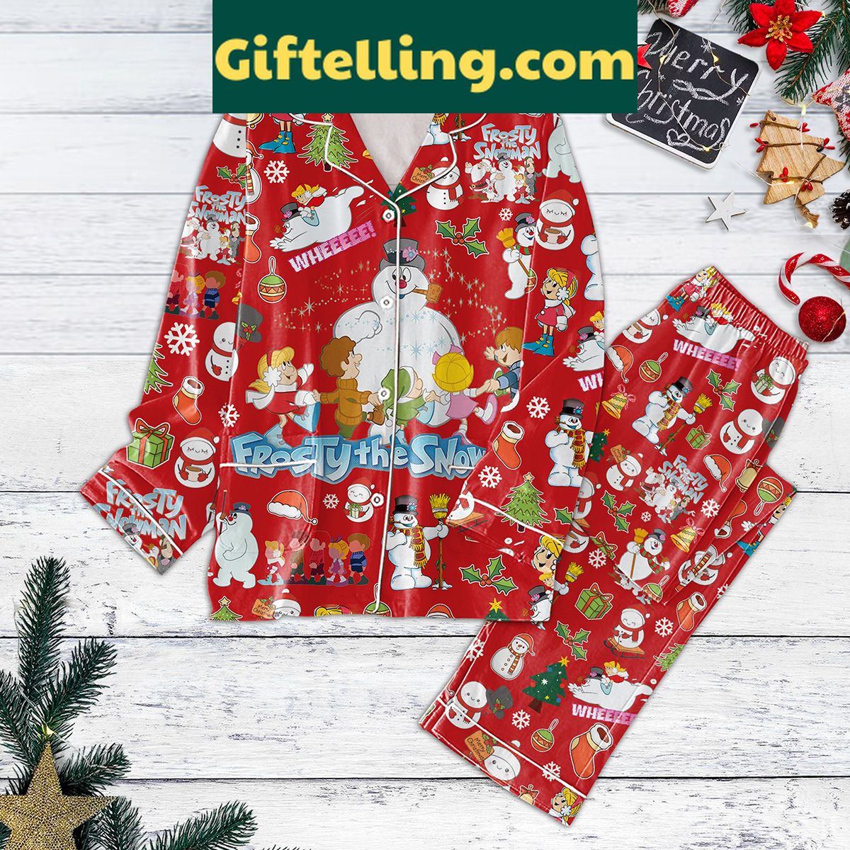 frosty-the-snowman-merry-christmas-pajamas-set-get-cozy-this-winter-1 Frosty The Snowman Merry Christmas Pajamas Set, holiday-themed pajamas with a snowman design