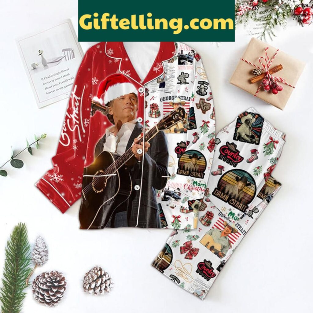 George Strait Merry Christmas Polyester Pajamas Set laid out on a bed