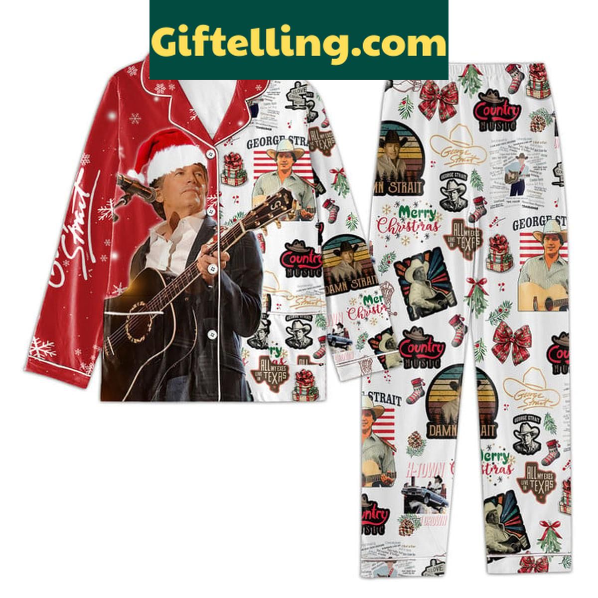 George Strait Merry Christmas And Happy New Year 2025 Polyester Pajamas Set George Strait Merry Christmas Polyester Pajamas Set laid out on a bed