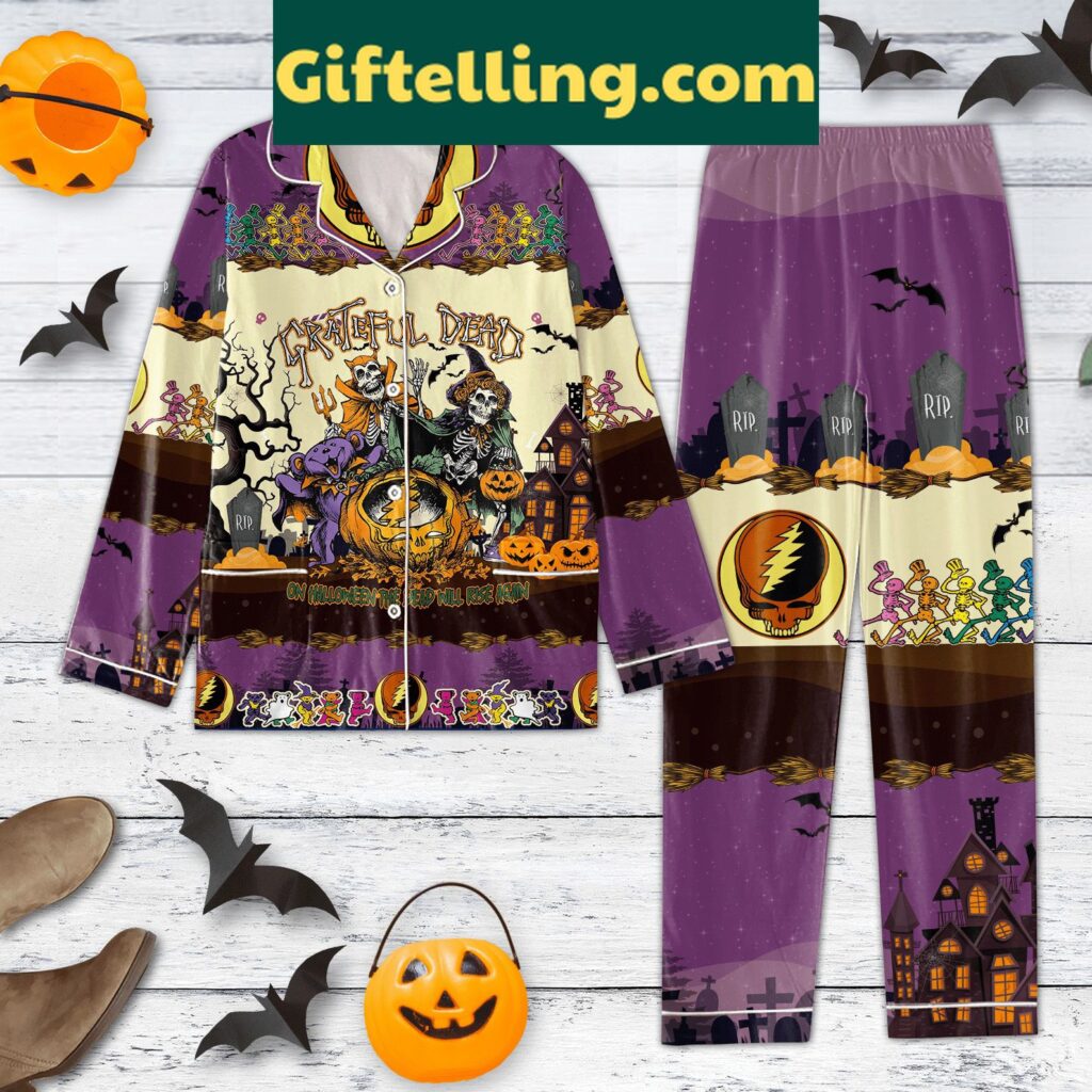 Grateful Dead On Halloween Pajamas Set featuring graveyard scene and skeletons