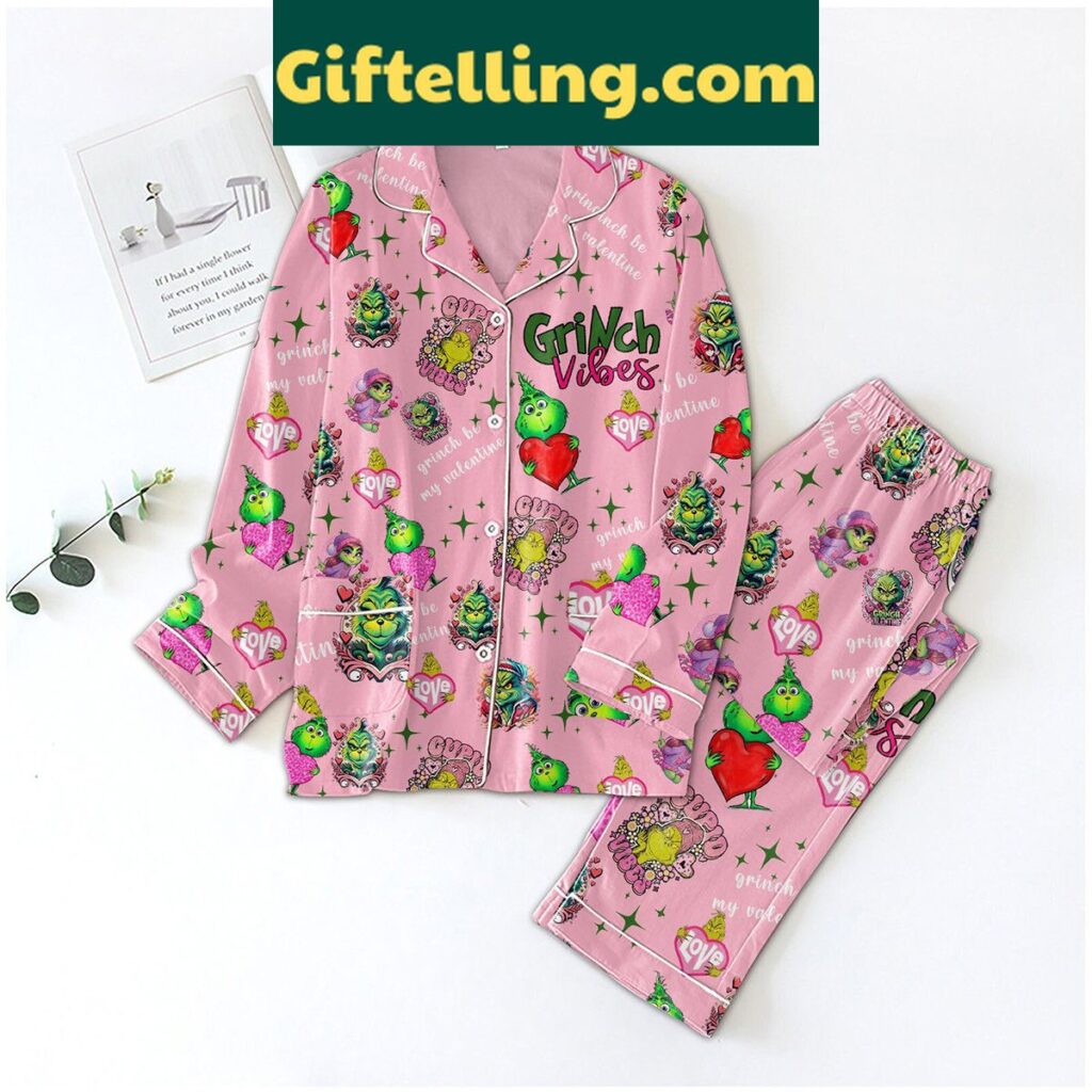Grinch Vibes Valentine Polyester Pajamas product image showing design and team colors