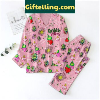 Grinch Vibes Valentine Polyester Pajamas product image showing design and team colors