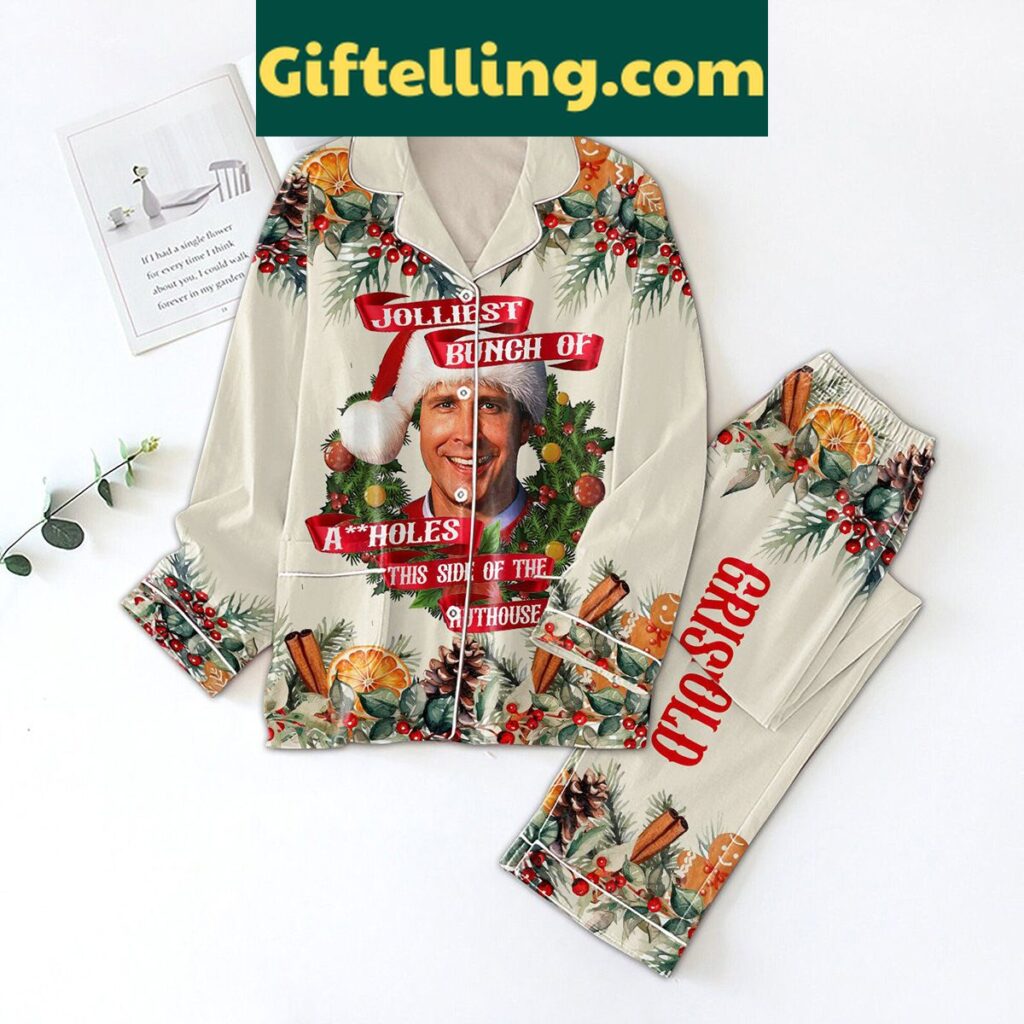 Griswold Family Christmas Pajamas Set with red and green striped pants and a white top