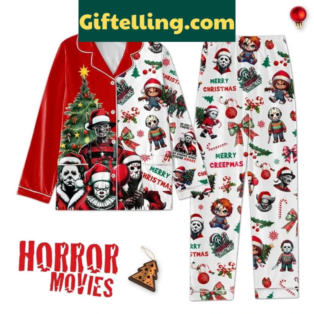 Halloween Horror Movies Merry 2024 Christmas Polyester Pajamas Set