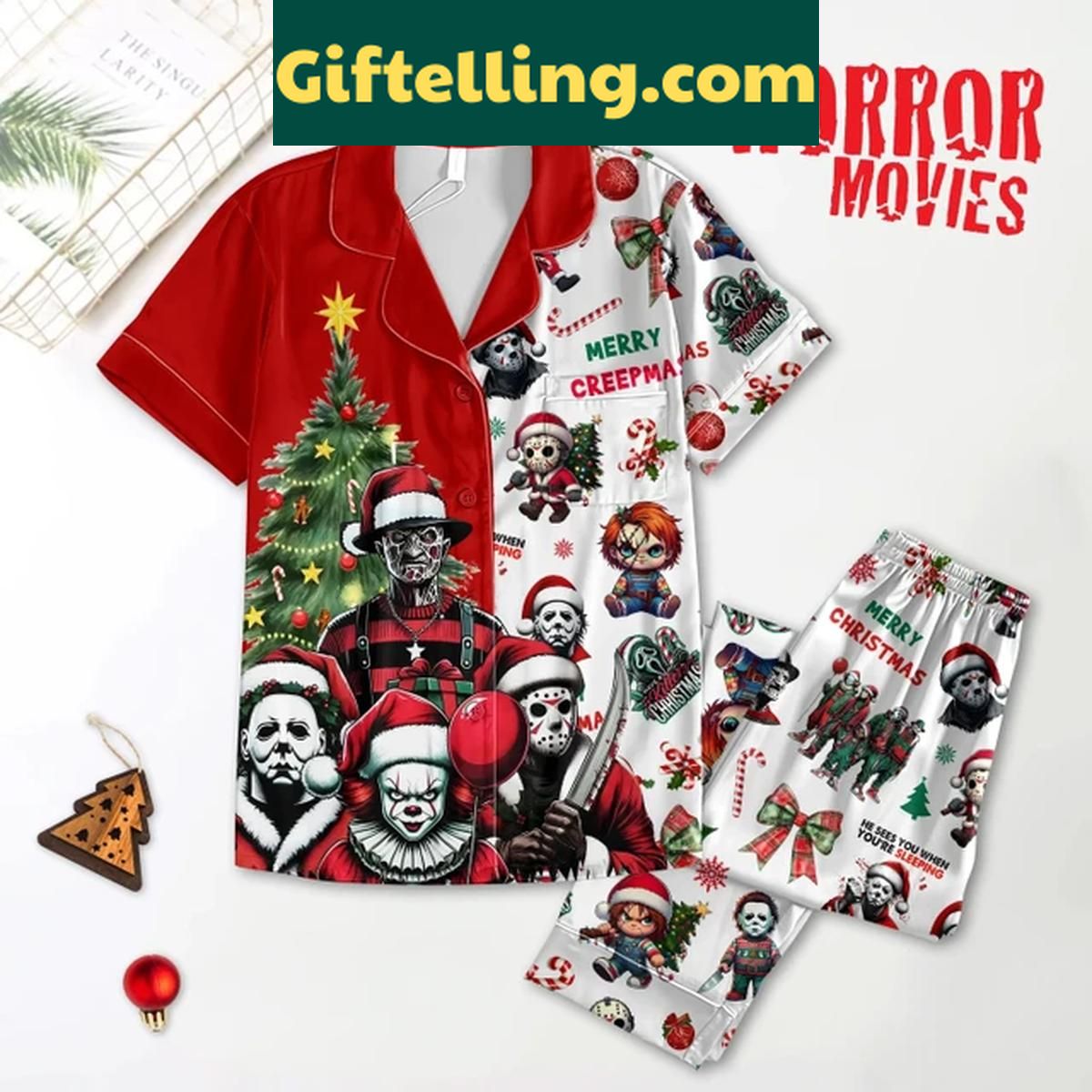 Halloween Horror Movies Merry 2024 Christmas Polyester Pajamas Set Halloween Horror Movies Merry 2024 Christmas Polyester Pajamas Set