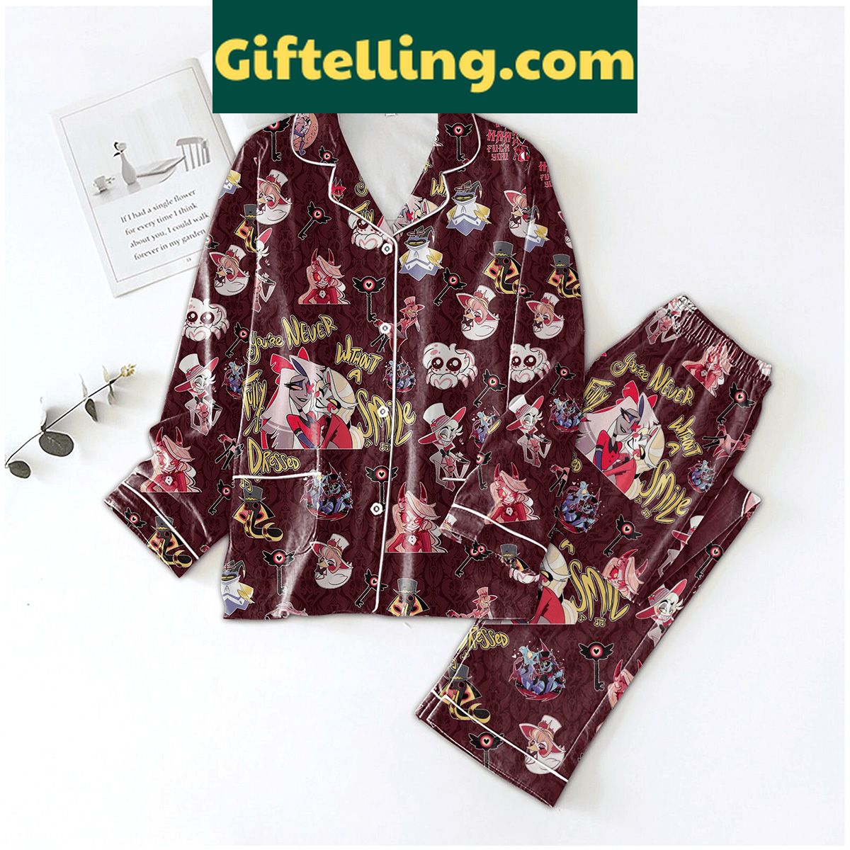 hazbin-hotel-pajamas-set-youre-never-fully-dressed-without-a-smile-gift-1 Hazbin Hotel Pajamas Set with You're Never Fully Dressed Without A Smile design