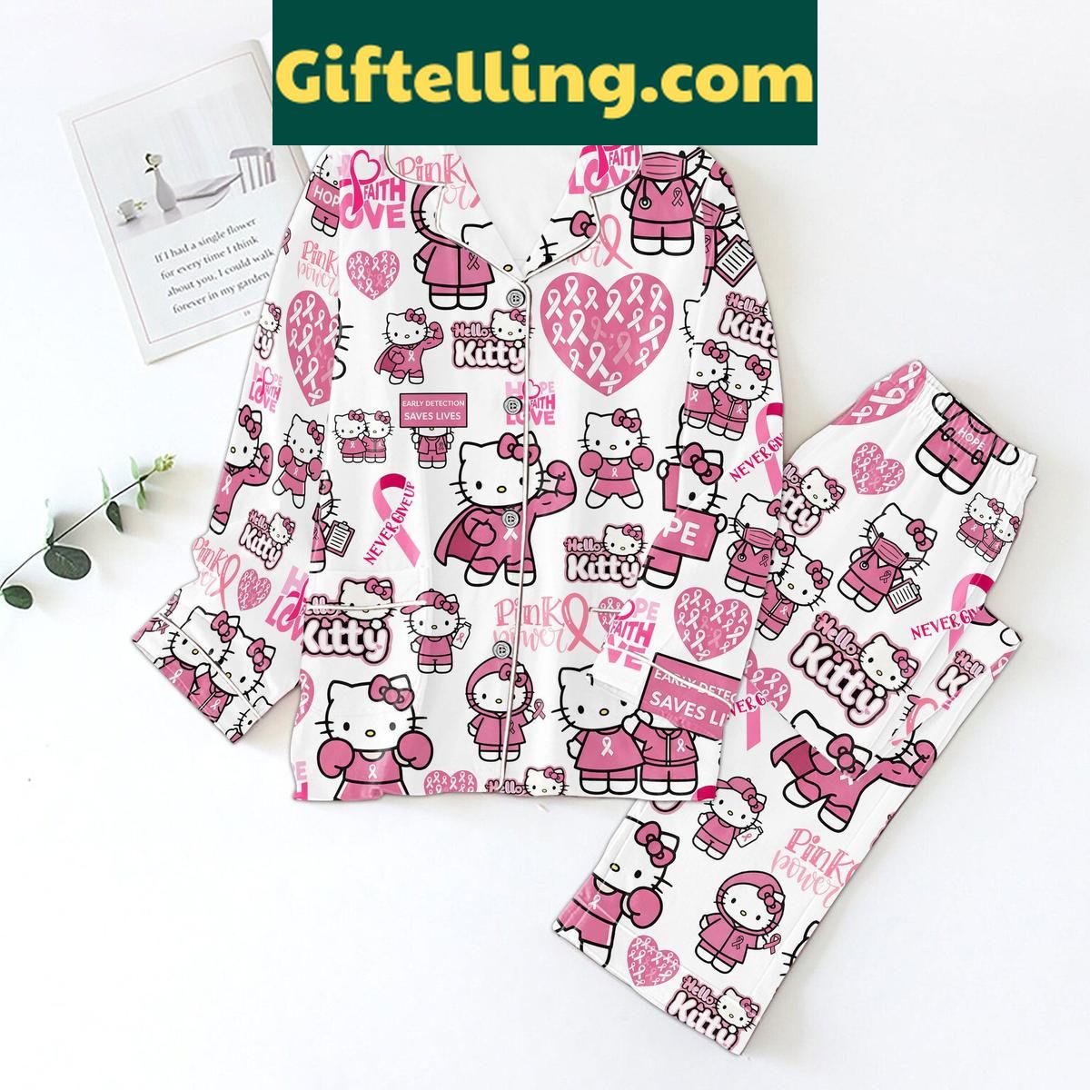 Hello Kitty Pink Fight Breast Cancer Pajamas Set Hello Kitty pink breast cancer awareness pajamas set for women