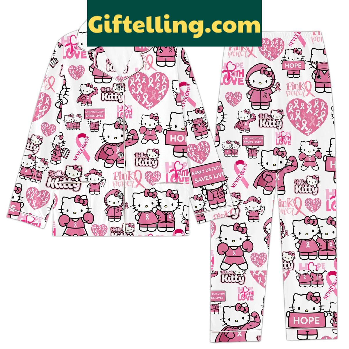 Hello Kitty Pink Fight Breast Cancer Pajamas Set Hello Kitty pink breast cancer awareness pajamas set for women