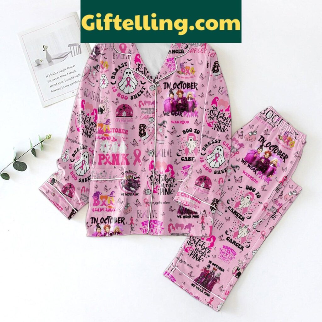 Hocus Pocus Breast Cancer Awareness We Wear Pink Pajamas Set, pink pajamas with white Hocus Pocus design