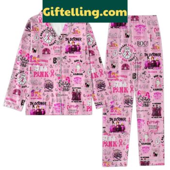 Hocus Pocus Breast Cancer Awareness We Wear Pink Pajamas Set, pink pajamas with white Hocus Pocus design