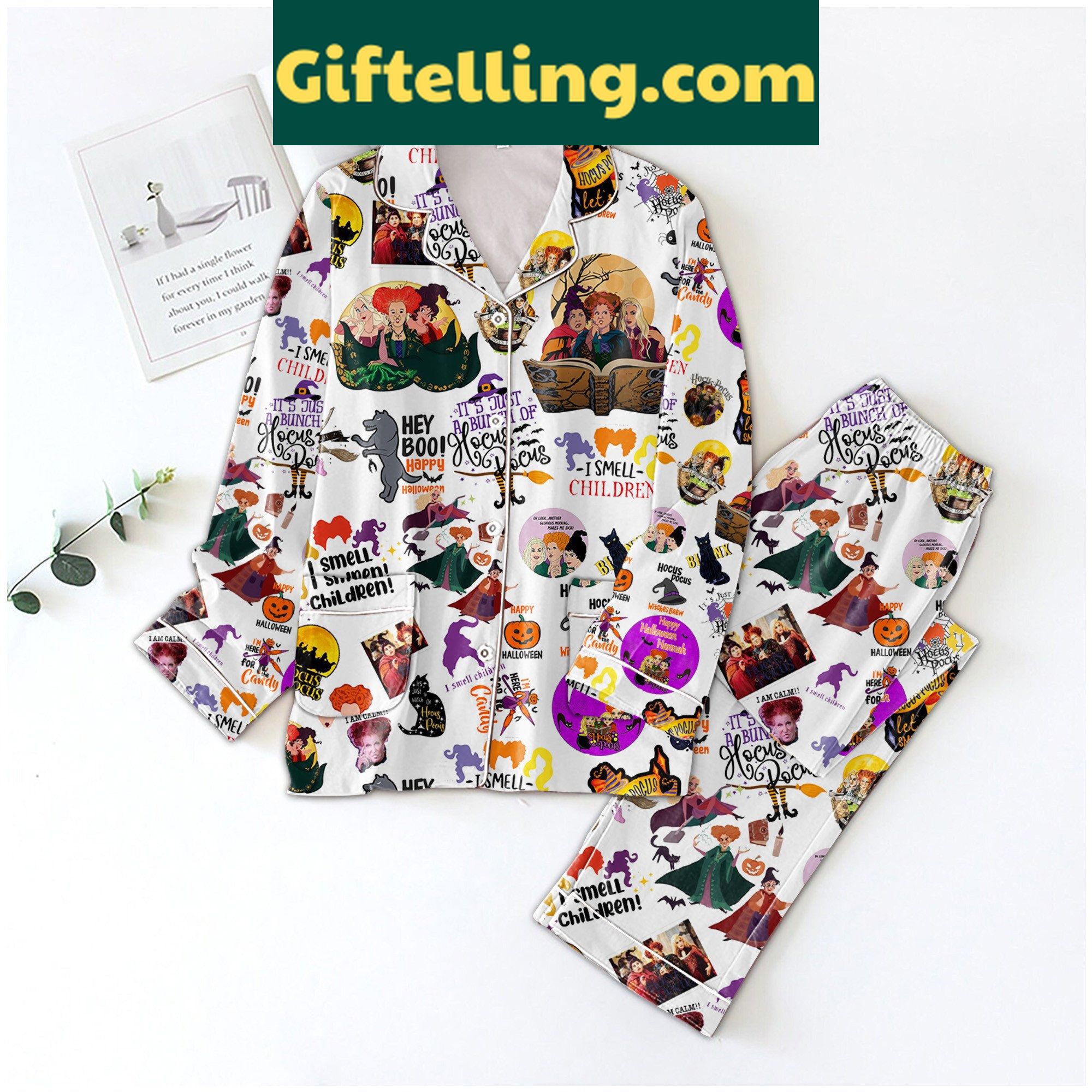 hocus-pocus-halloween-pajamas-set-spooky-season-comfort-2 Hocus Pocus Halloween Pajamas Set with full-color design featuring the Sanderson sisters