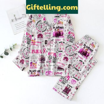 Hocus Pocus In October We Wear Pink Pajamas Set, 2-piece pink pajama set with all-over print of Sanderson Sisters