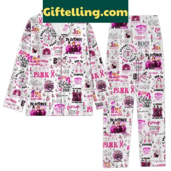 Hocus Pocus In October We Wear Pink Pajamas Set, 2-piece pink pajama set with all-over print of Sanderson Sisters