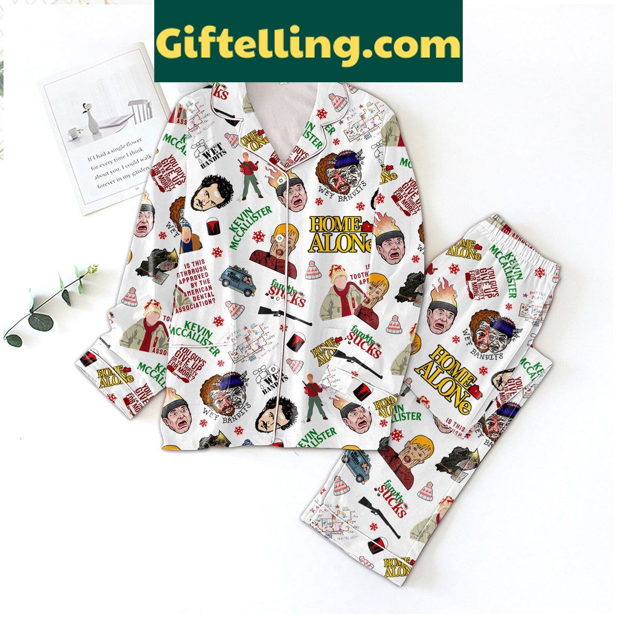 home-alone-kevin-mccallister-pajamas-set-funny-holiday-sleepwear-1 Home Alone Kevin McCallister Pajamas product image showing design and team colors