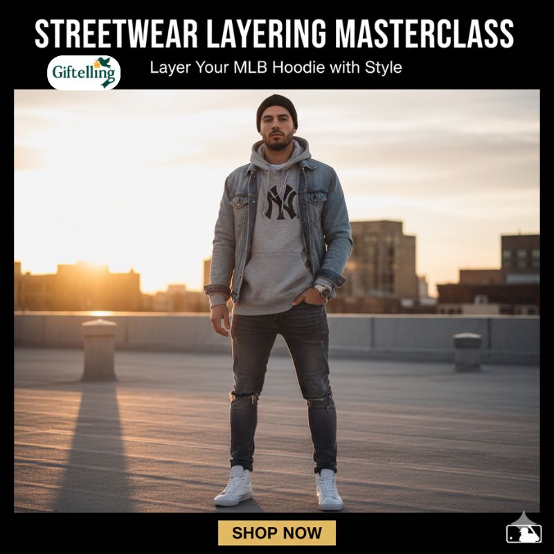 MLB baseball hoodie layered under denim jacket with distressed jeans streetwear layering technique