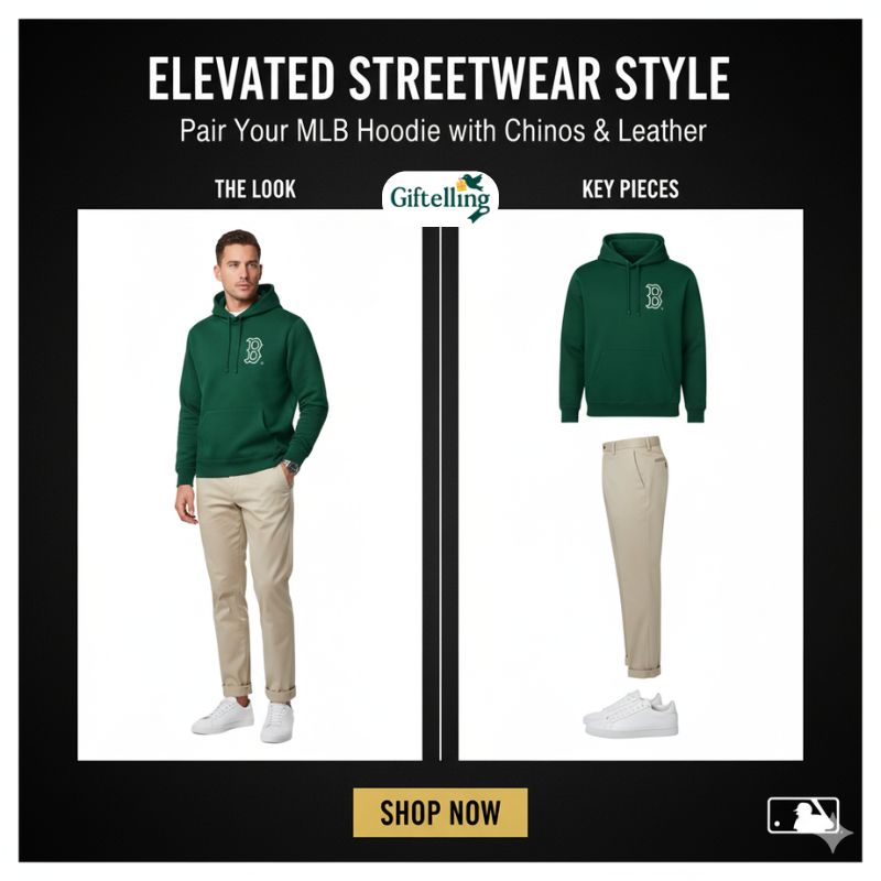 MLB hoodie paired with tailored chino pants and leather sneakers elevated streetwear style