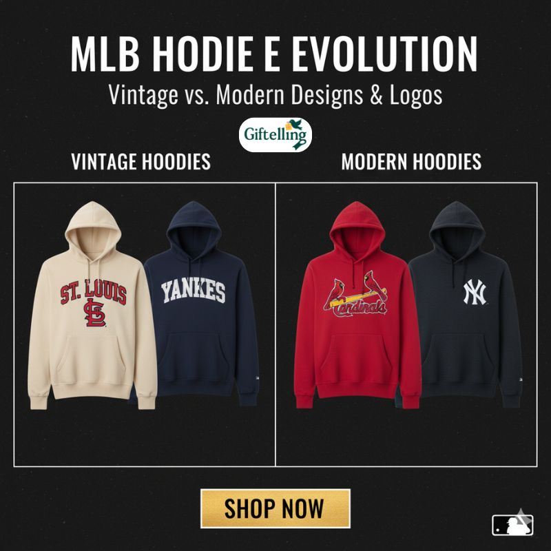 Comparison of vintage and modern MLB baseball hoodies showing different design styles and logos