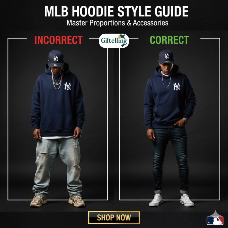 Side by side comparison showing correct and incorrect MLB hoodie styling with proportions and accessories