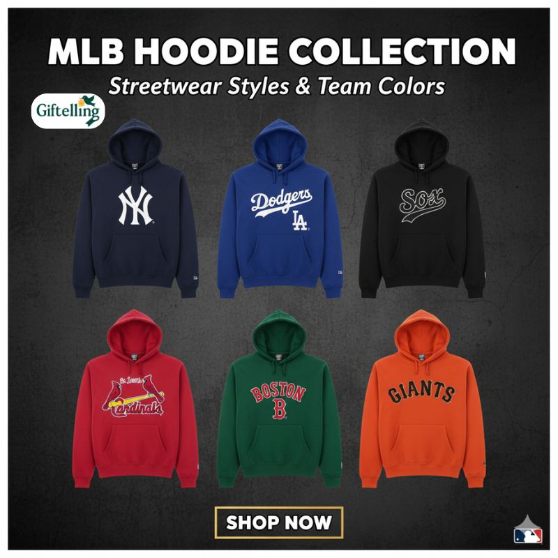 Collection of different MLB team hoodies showing various team logos and colors streetwear fashion
