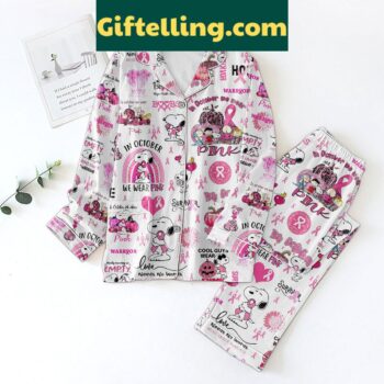In October We Wear Pink Snoopy Breast Cancer Pajamas Set - pink Snoopy pajamas for breast cancer awareness