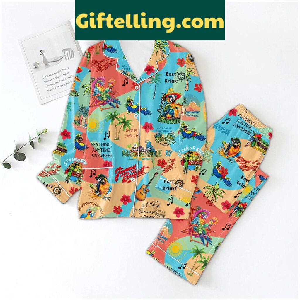 Jimmy Buffett colorful polyester pajamas set with palm tree and floral print
