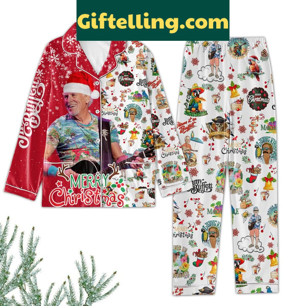 Jimmy Buffett Merry Christmas And Happy New Year 2025 Polyester Pajamas Set Jimmy Buffett Merry Christmas Polyester Pajamas Set