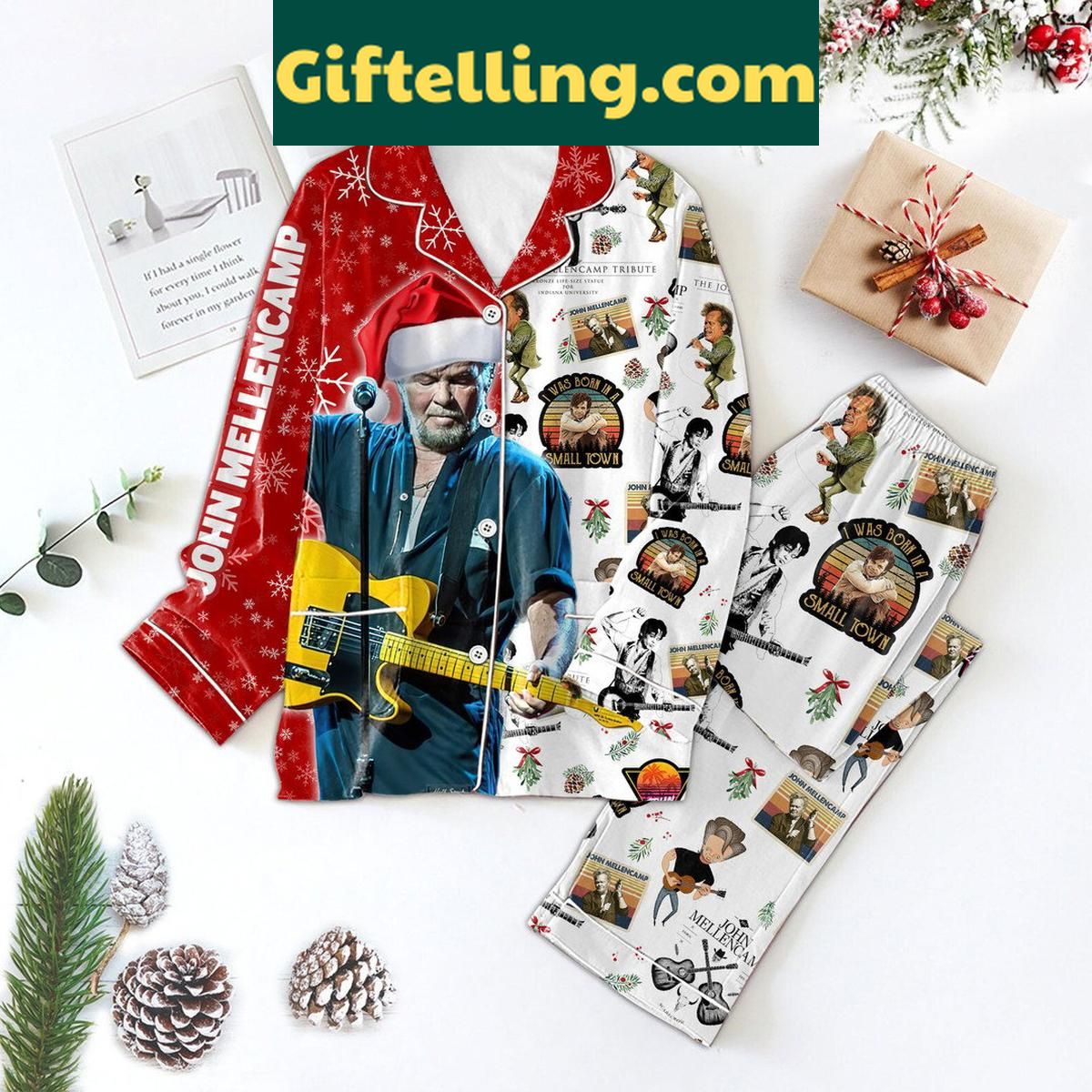 John Mellencamp I Was Born In A Small Town Christmas Polyester Pajamas Set John Mellencamp I Was Born product image showing design and team colors