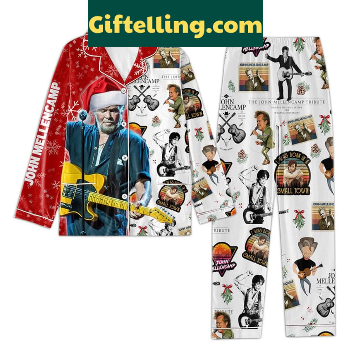 John Mellencamp I Was Born In A Small Town Christmas Polyester Pajamas Set John Mellencamp I Was Born product image showing design and team colors