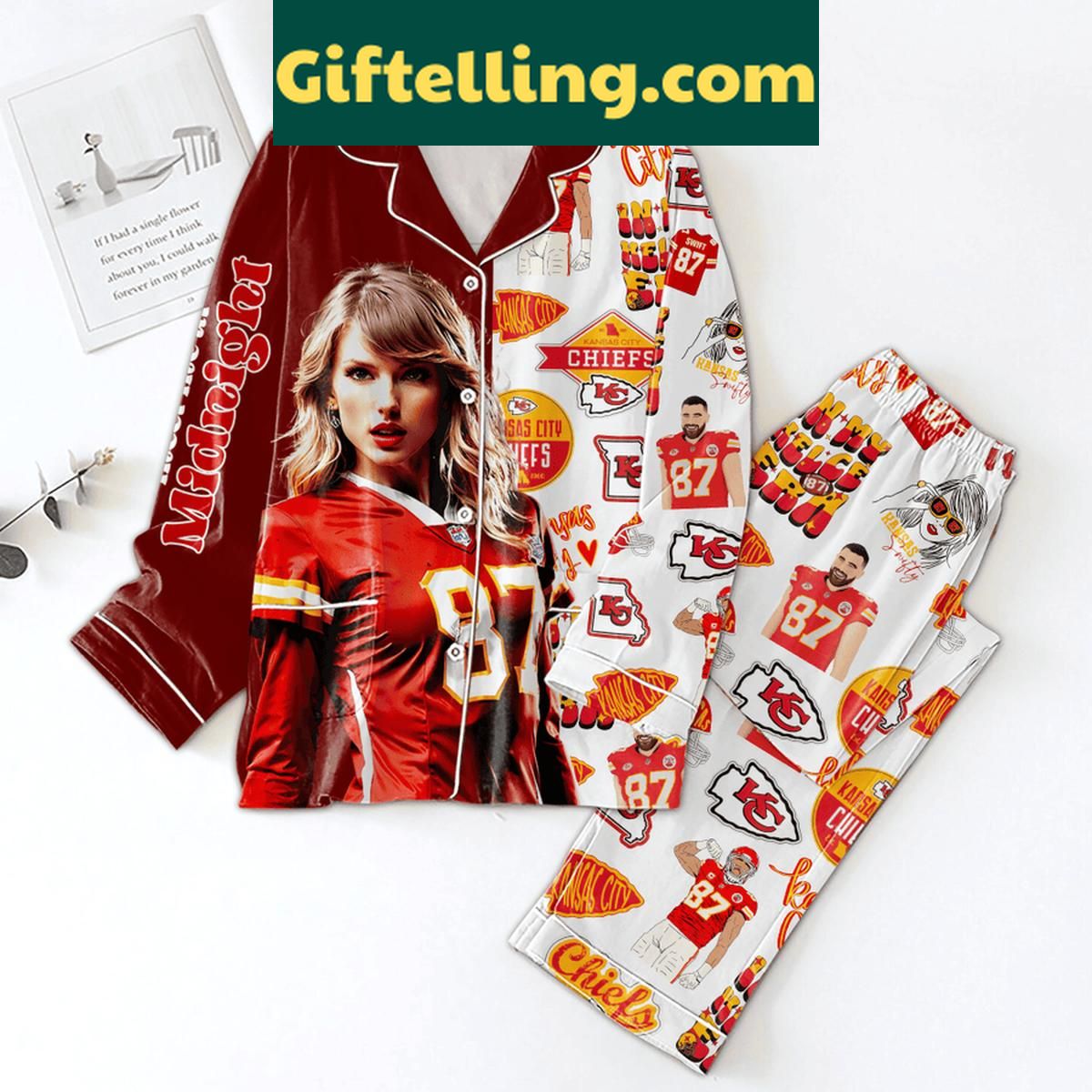 Kansas City Chiefs Taylor Swift Midnight Polyester Pajamas Set Kansas City Chiefs Taylor Swift Polyester Pajamas Set