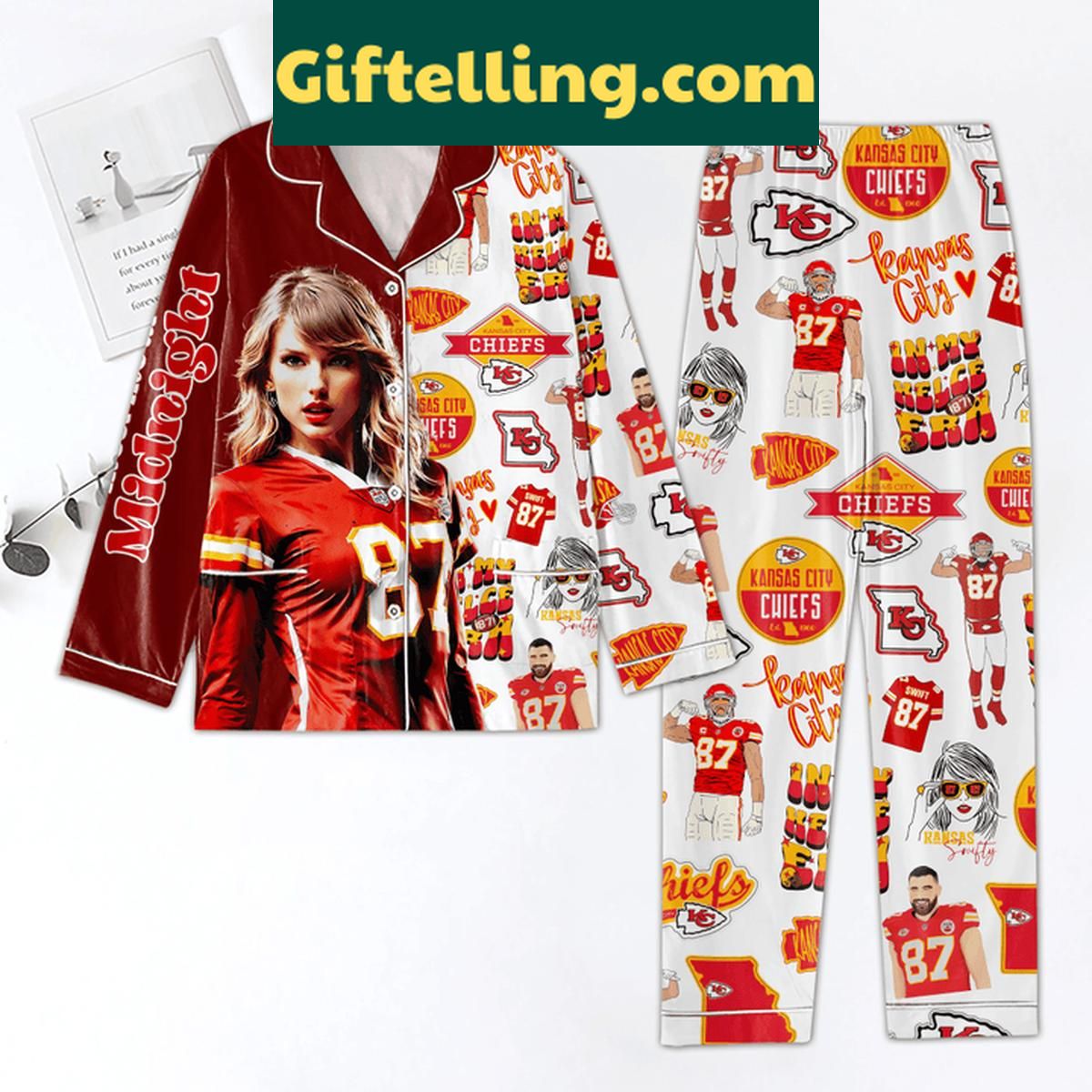 Kansas City Chiefs Taylor Swift Midnight Polyester Pajamas Set Kansas City Chiefs Taylor Swift Polyester Pajamas Set