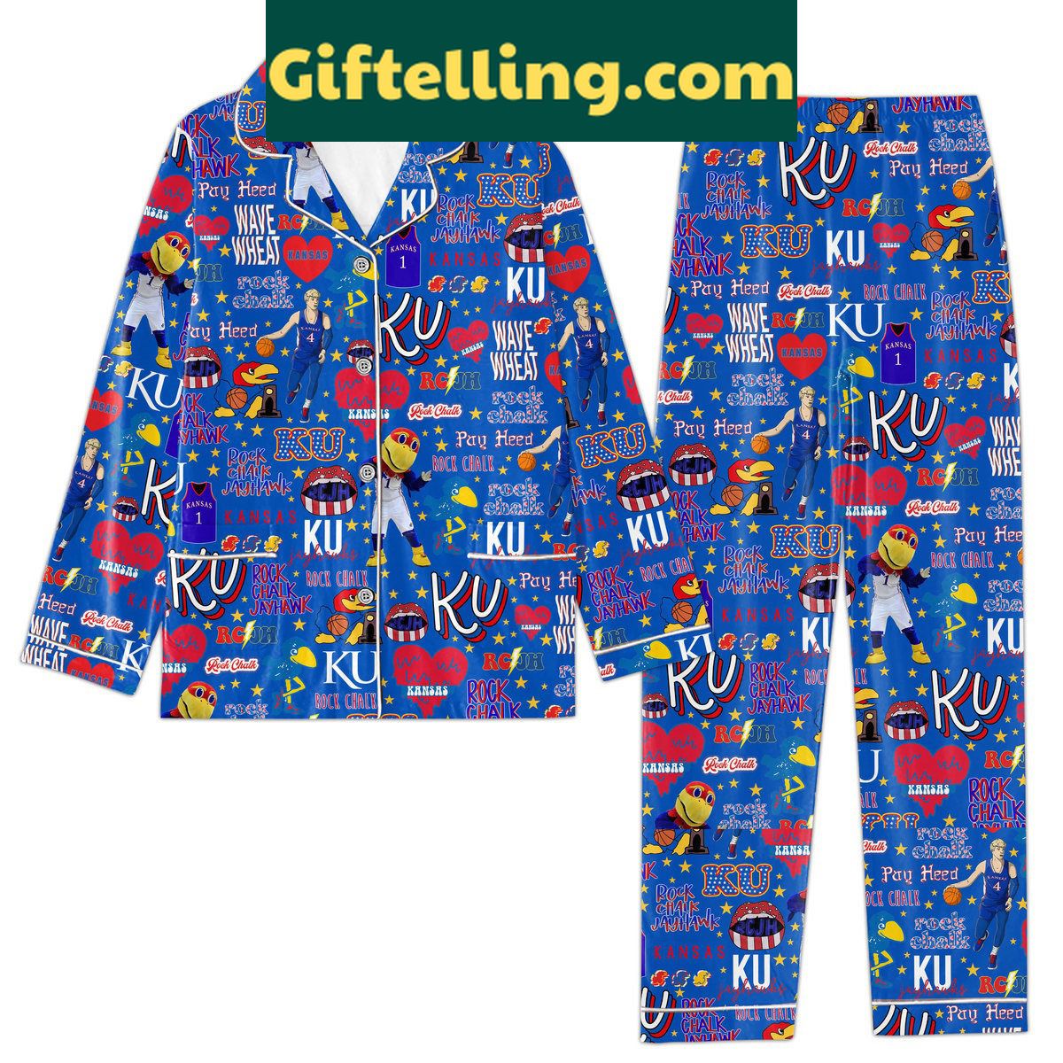 kansas-jayhawks-rock-chalk-polyester-pajamas-set-for-men-2 Kansas Jayhawks Rock Chalk Polyester product image showing design and team colors