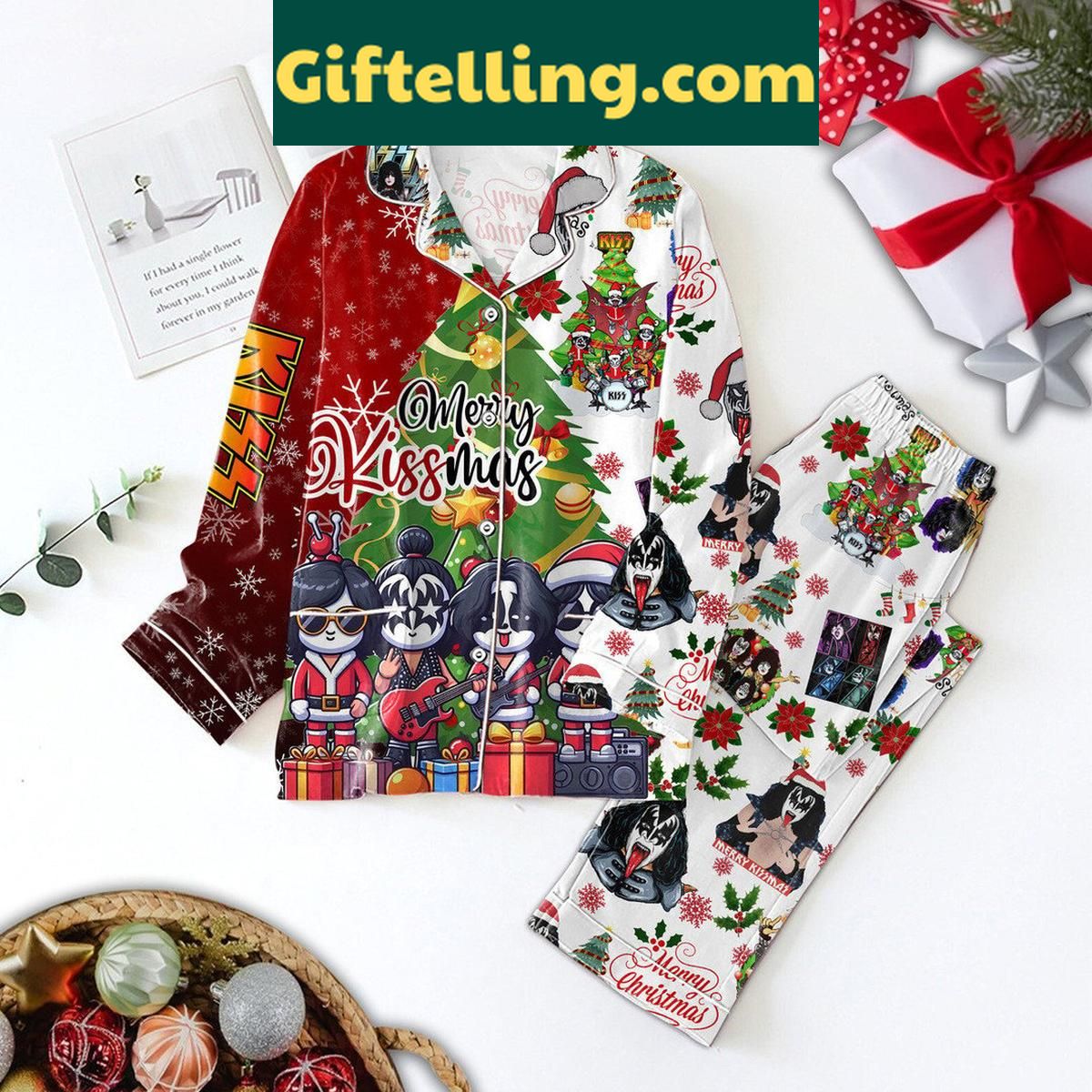 Kiss Rock Christmas Merry Kissmas Polyester Pajamas Set Kiss Rock Merry Kissmas Christmas product image showing design and team colors
