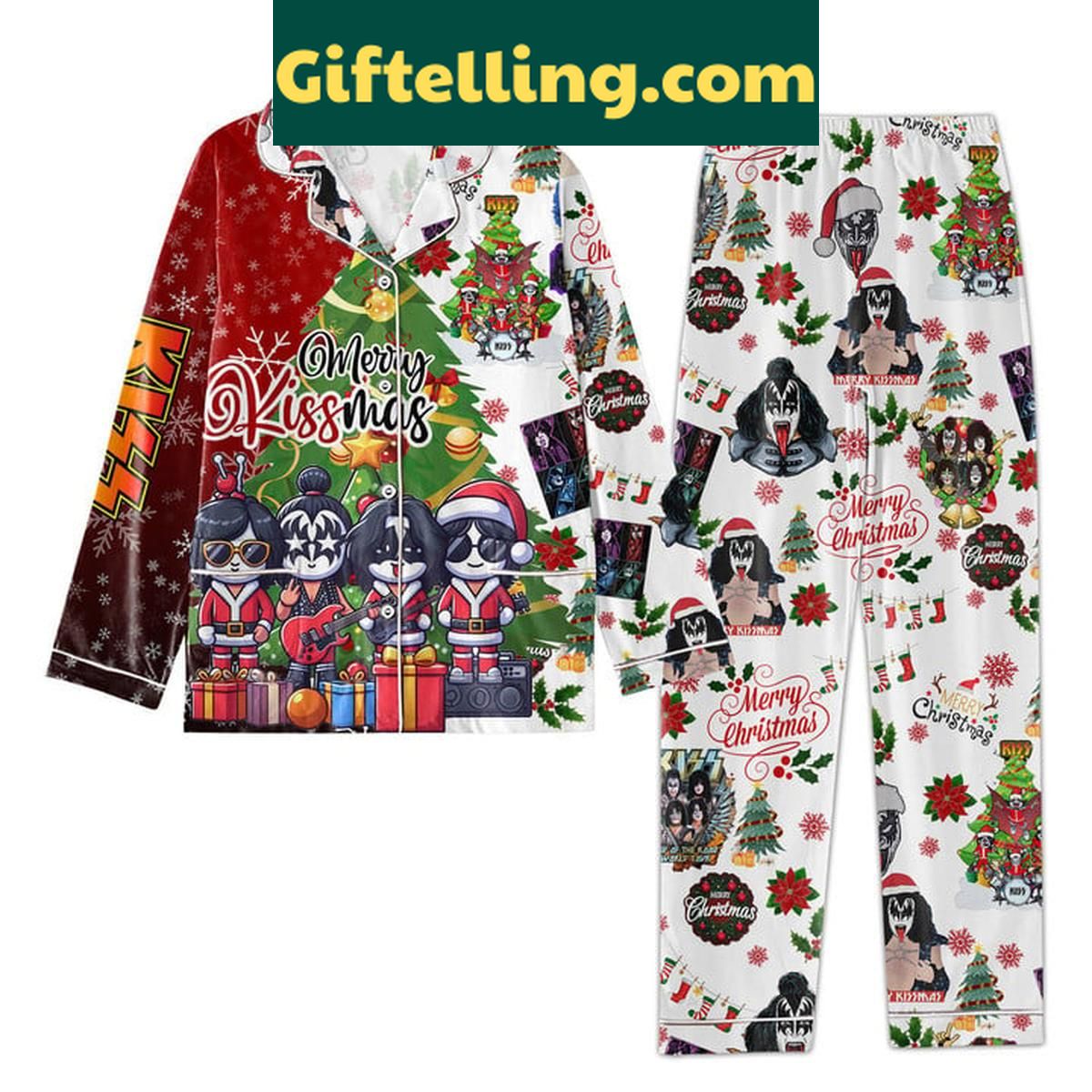 Kiss Rock Christmas Merry Kissmas Polyester Pajamas Set Kiss Rock Merry Kissmas Christmas product image showing design and team colors