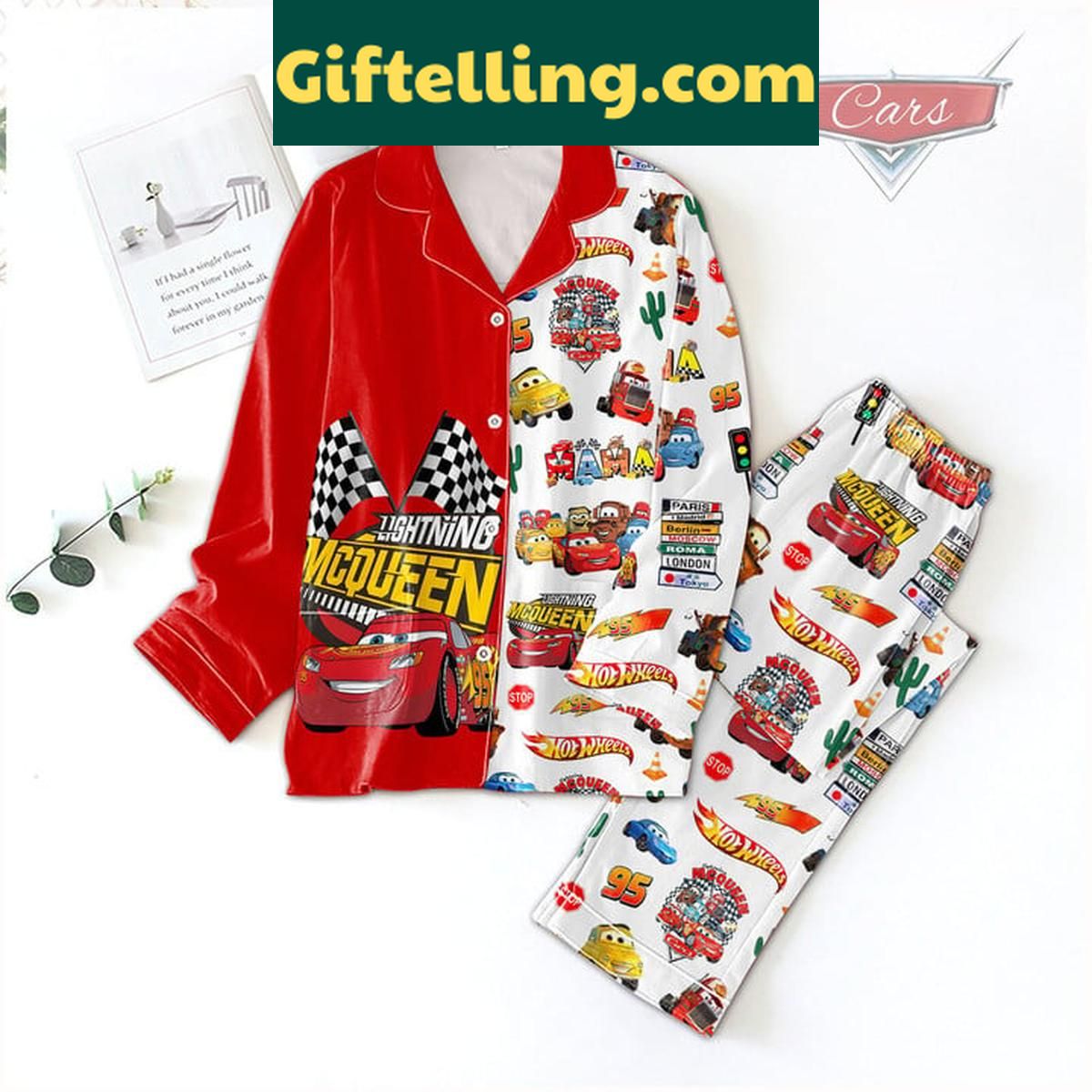 Cars Lightning McQueen Hot Wheels 2024 Polyester Pajamas Set Lightning McQueen Hot Wheels 2024 product image showing design and team colors