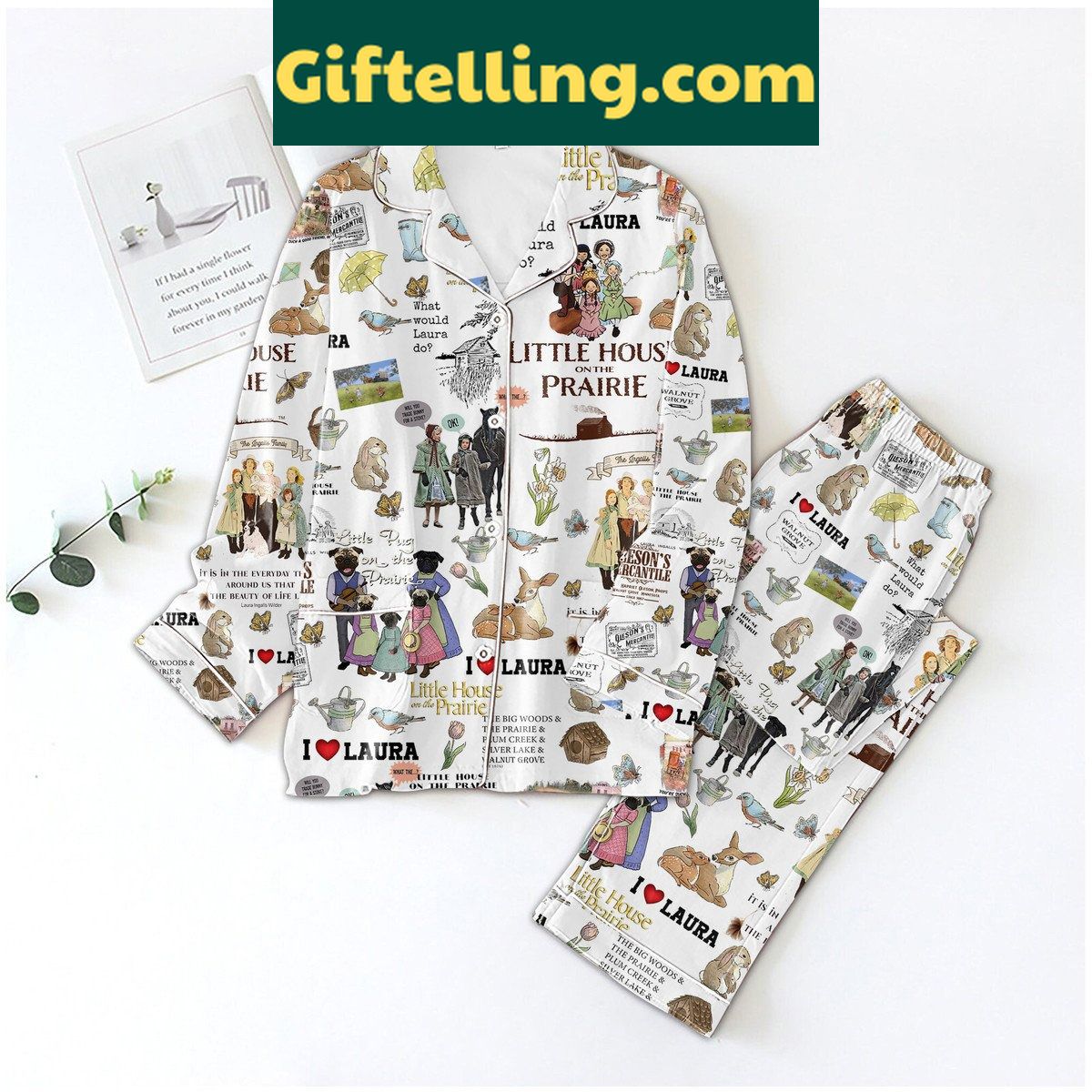 little-house-on-the-prairie-good-friend-pajamas-set-white-version-soft-cozy-sleepwear-for-women-2 Little House On The Prairie Good Friend Pajamas Set in White Version