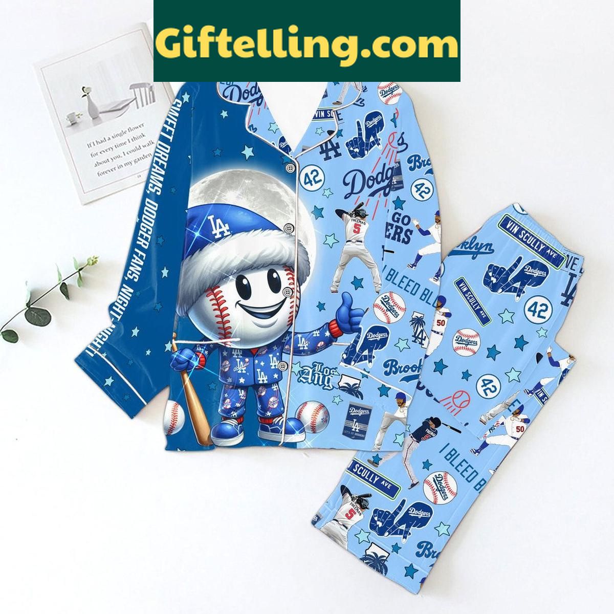 Los Angeles Dodgers I Bleed Blue 2024 Christmas Polyester Pajamas Set Los Angeles Dodgers Christmas Polyester Pajamas Set