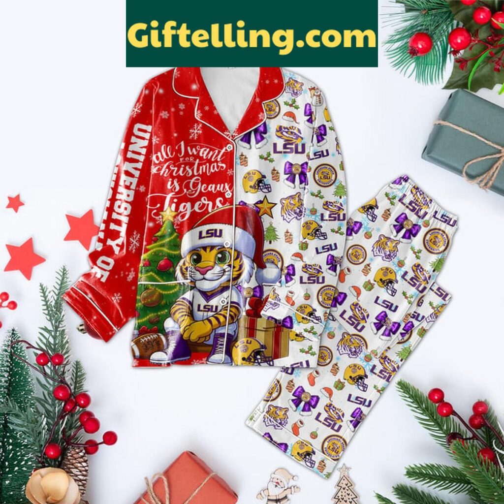 LSU Tigers Christmas 2024 polyester pajamas set with festive holiday design