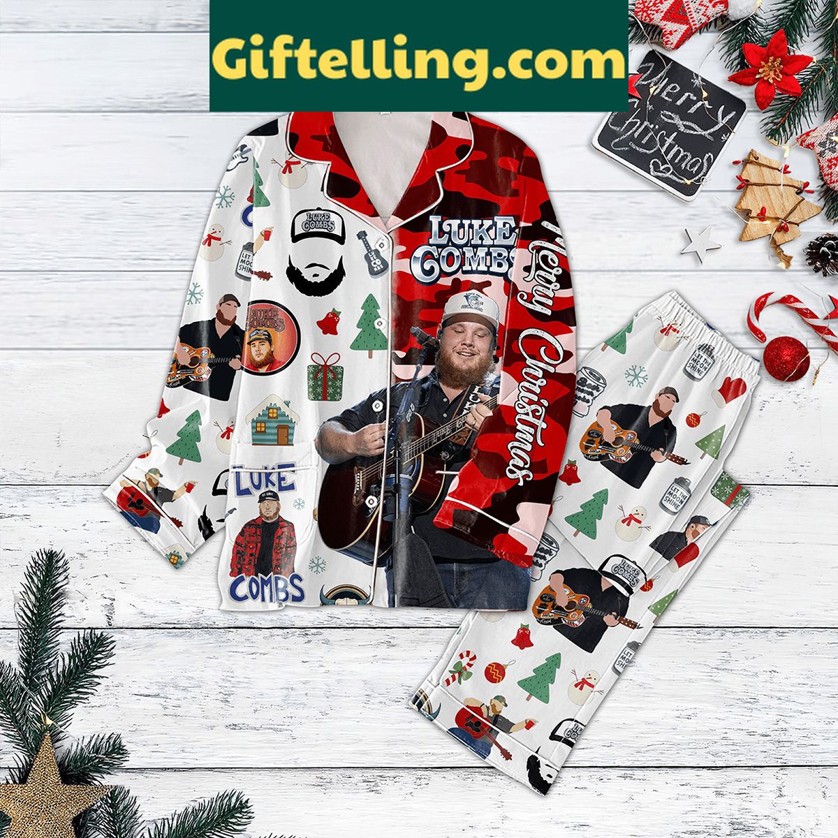 luke-combs-merry-christmas-pajamas-set-for-holiday-cheer-2 Luke Combs Merry Christmas Pajamas Set, holiday-themed pajamas with festive design