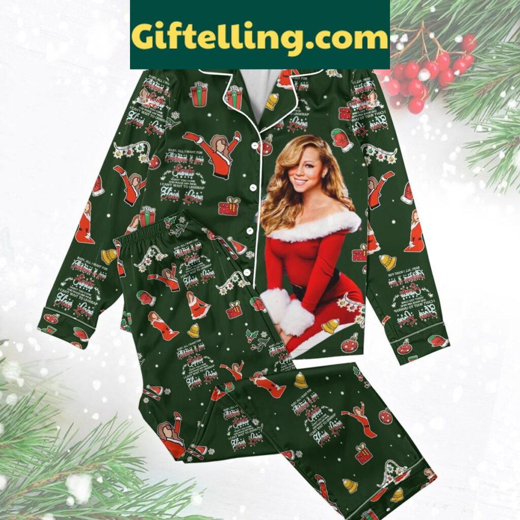 Mariah Carey's Christmas Time Happy Holiday Polyester Pajamas Set Green loungewear