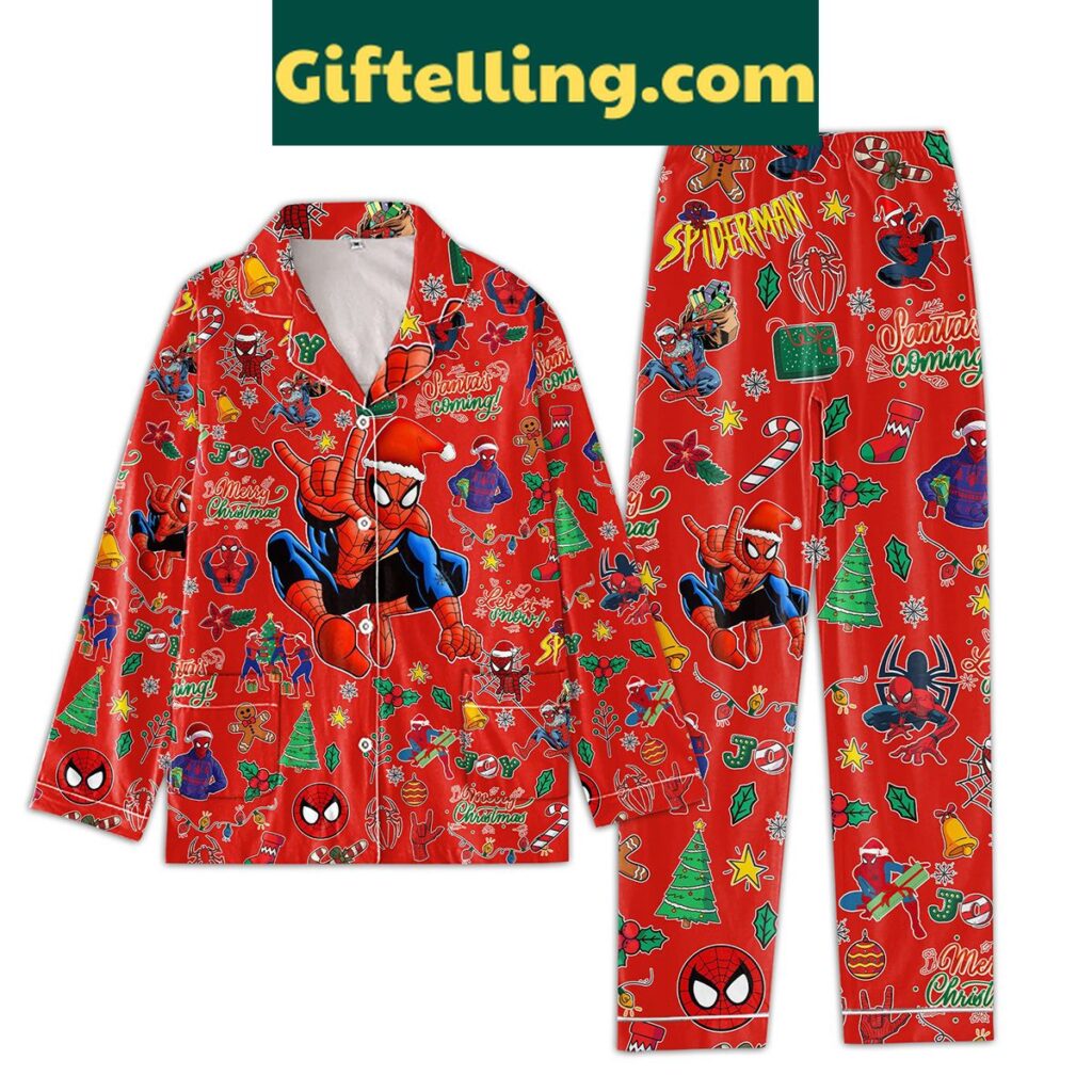 Marvel Spiderman Homecoming Santa Is Coming Merry Christmas Silk Pajamas Set