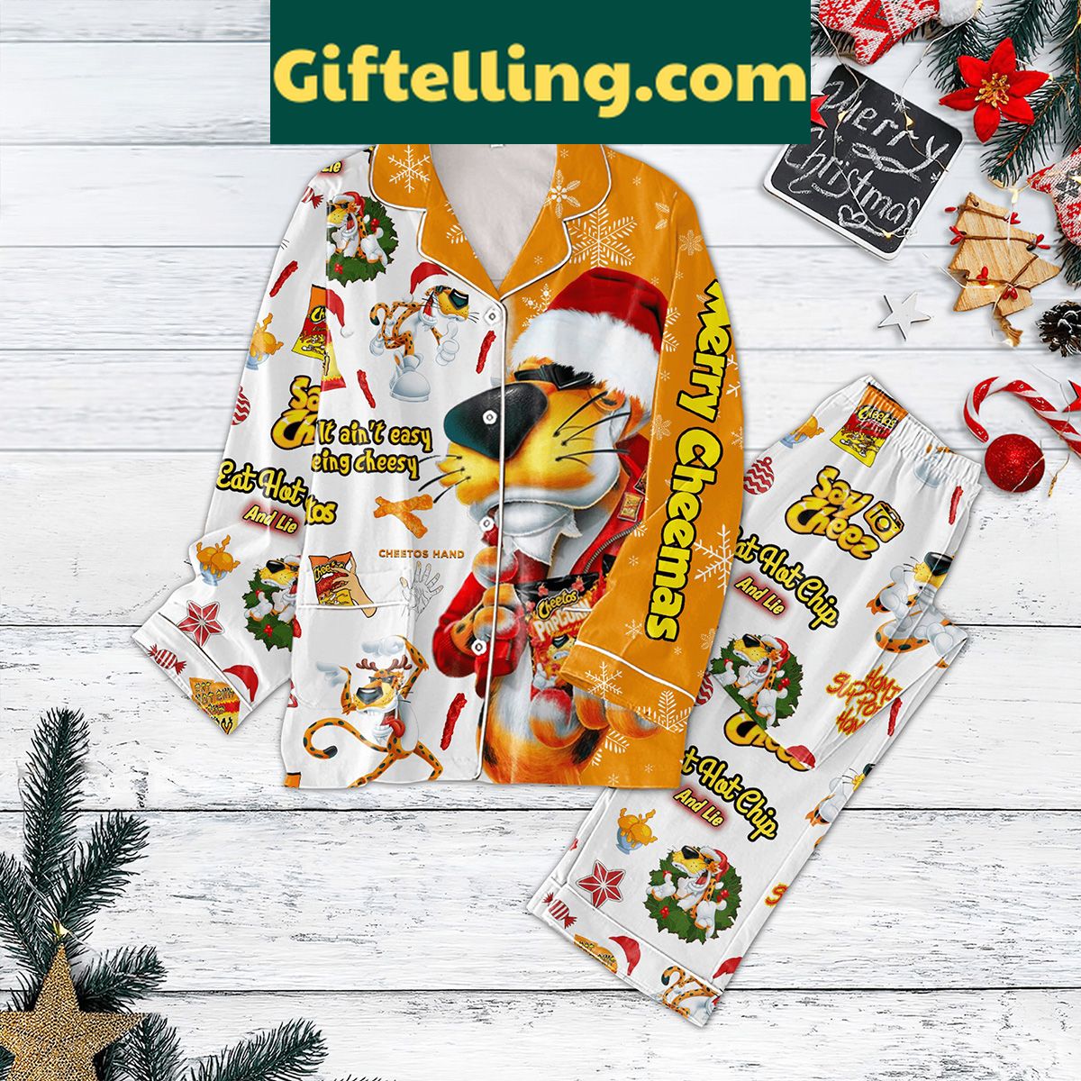 merry-cheemas-pajamas-set-say-cheez-eat-hot-chip-and-lie-holiday-pjs-2 Merry Cheemas Pajamas Set, featuring a funny design with the phrase Say Cheez Eat Hot Chip And Lie