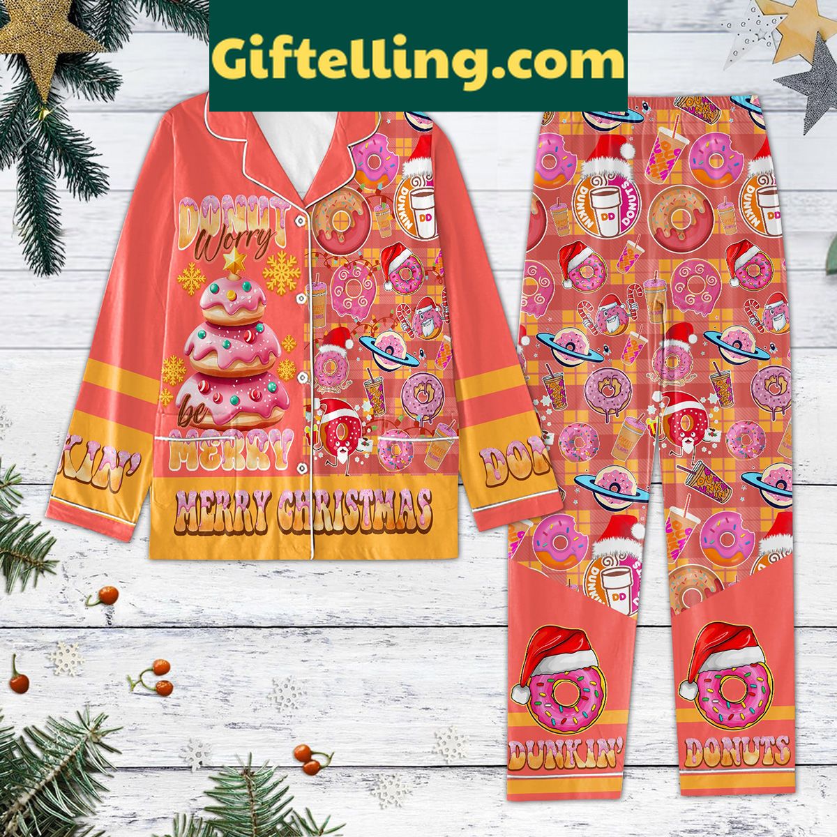 merry-christmas-pajamas-set-donut-worry-holiday-sleepwear-1 Donut Worry Merry Christmas Pajamas Set