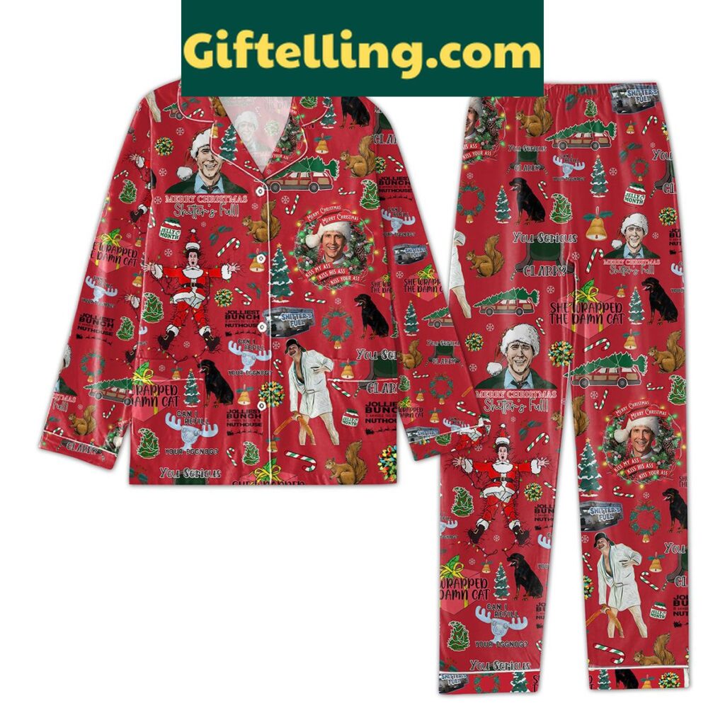 Merry Christmas Shitter's Full She Wrapped The Damn Cat Pajamas Set, funny holiday themed pajamas